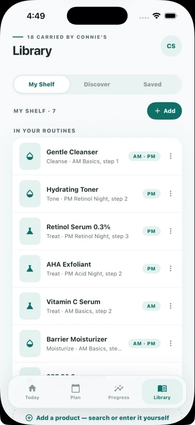 My Shelf in Connie’s Skin showing sample products