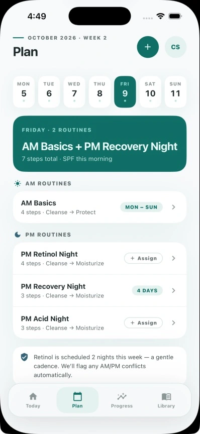 Connie’s Skin weekly plan with sample morning and evening routines