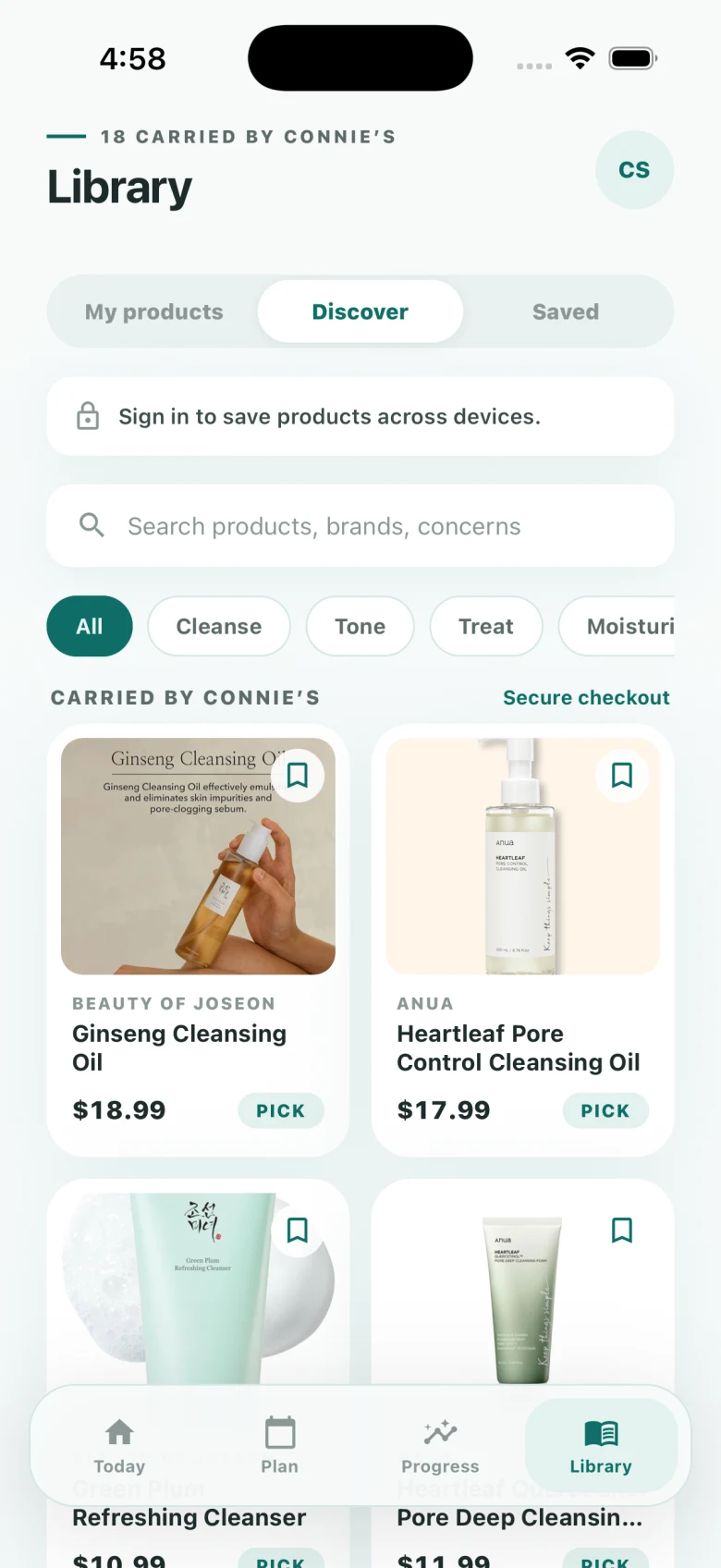 Product library in Connie's Skin
