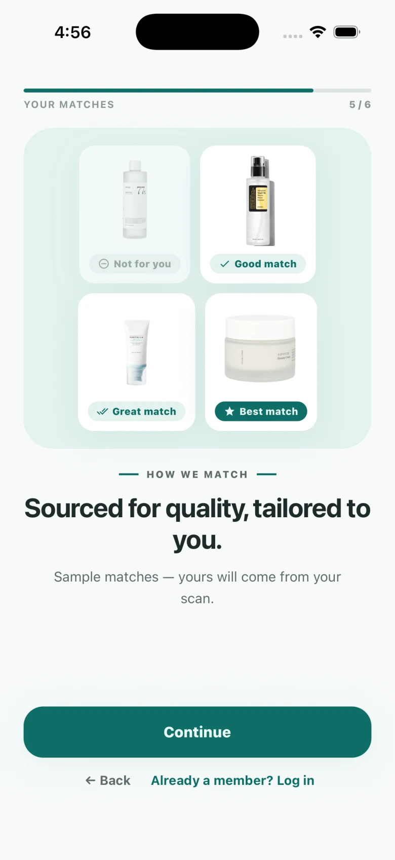 Connie's Skin onboarding showing personalized product match labels