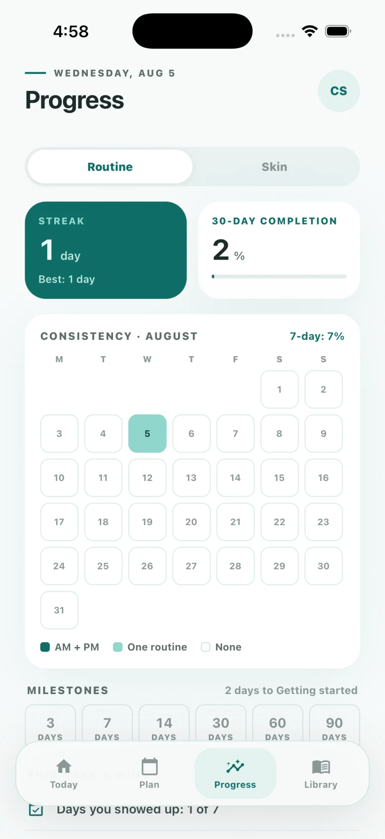 Progress calendar and consistency cards in Connie's Skin