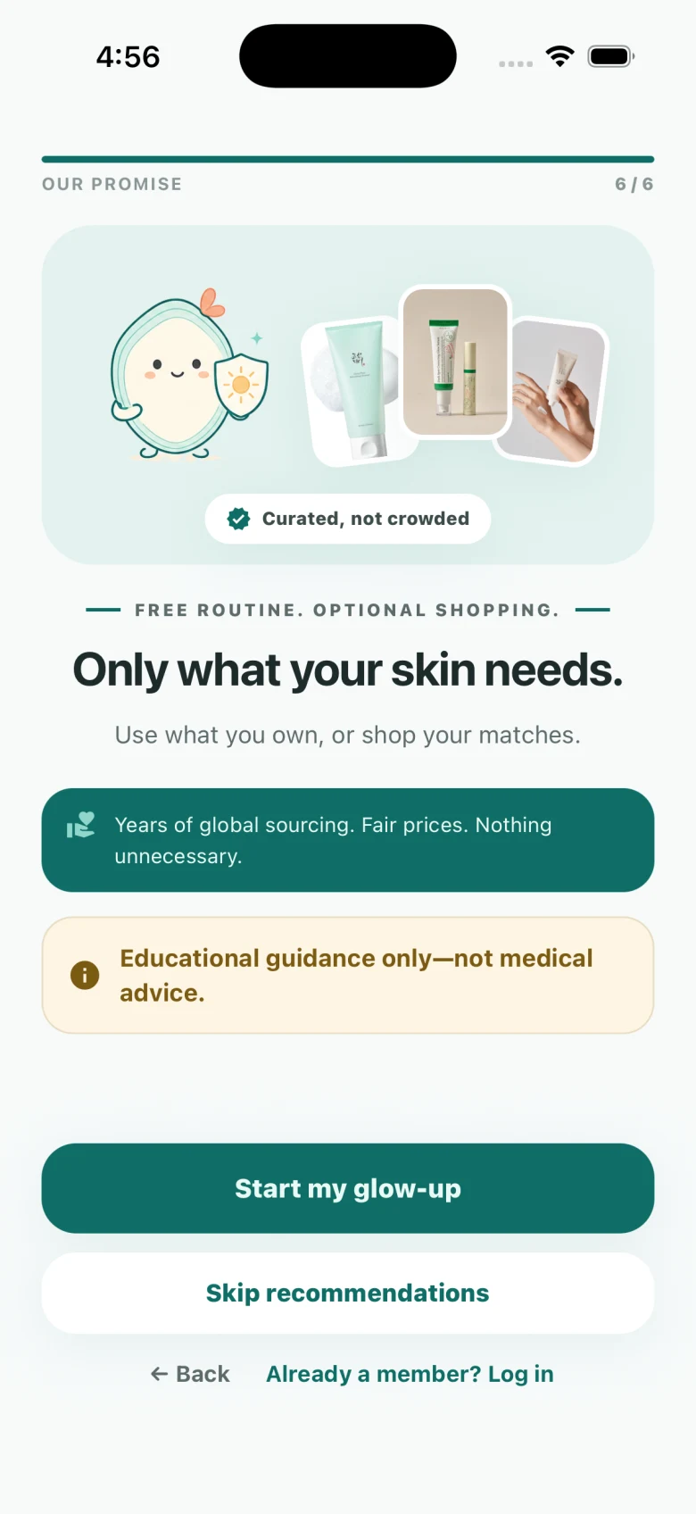 Connie's Skin onboarding promise explaining free routines and optional shopping