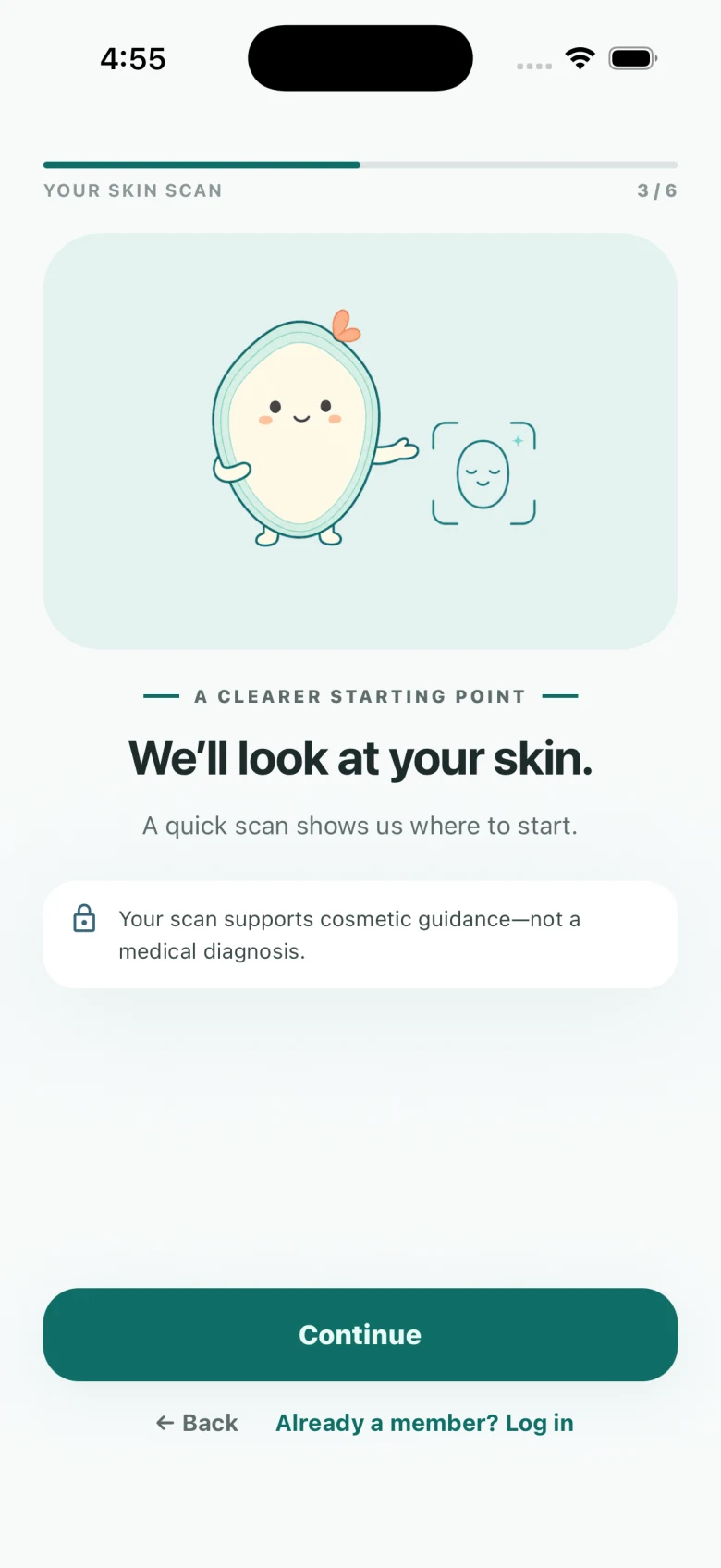 Connie's Skin onboarding explaining the optional cosmetic skin scan