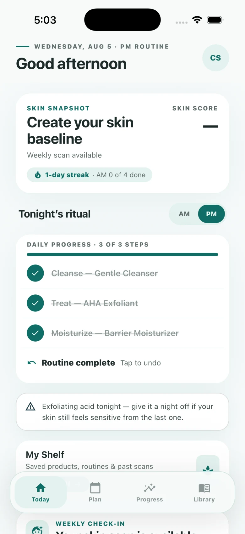 Connie's Skin Today screen showing a completed evening skincare routine