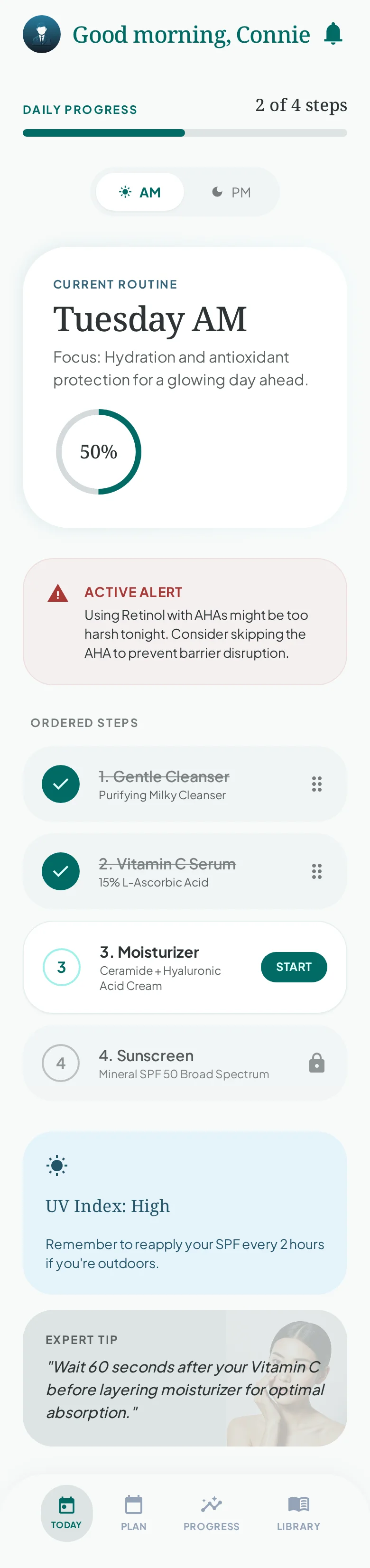 Connie's Skin Today screen showing an evening skincare routine